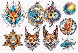 fisch, fuchs und eule , symetrie  sonne, universum, bunt tattoo idea