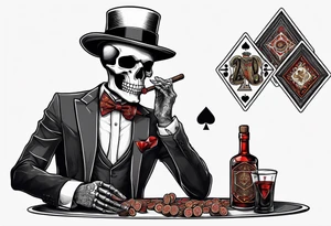 Skeleton in suit, with hat, with cigar, sitting at the table, holding poker tokens tattoo idea tattoo idea