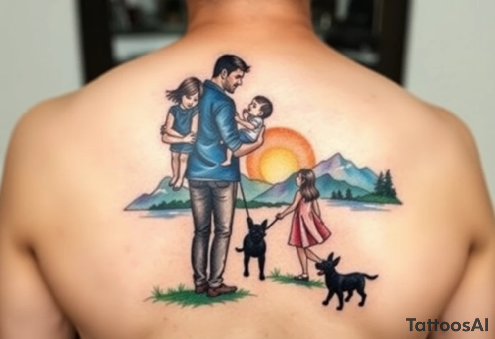 Family 2 parents, 1 baby boy in his mother’s arms, one 3-year girl holding the hand of the father and the mother and one black dog walking through the the sunset and mountains tattoo idea