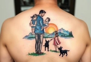 Family 2 parents, 1 baby boy in his mother’s arms, one 3-year girl holding the hand of the father and the mother and one black dog walking through the the sunset and mountains tattoo idea