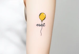 small yellow balloon with letters osaat on bicep tattoo idea