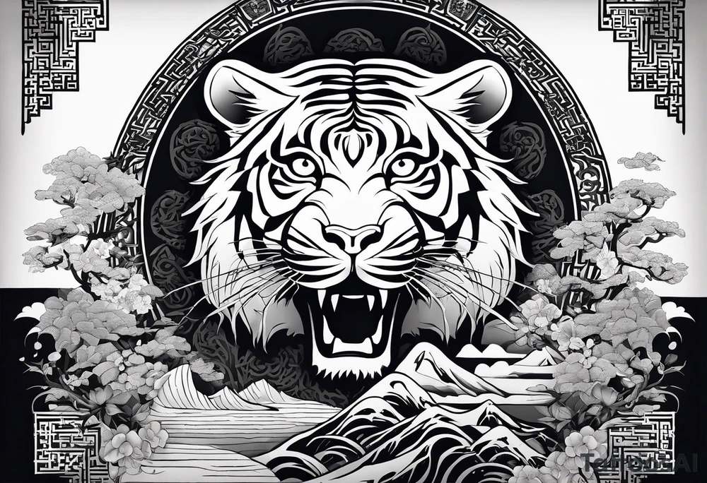 In English:

Create for me a tattoo in the Chinese style featuring a tiger, a rat, a snake, the Great Wall of China, and a temple. tattoo idea