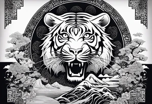 In English:

Create for me a tattoo in the Chinese style featuring a tiger, a rat, a snake, the Great Wall of China, and a temple. tattoo idea