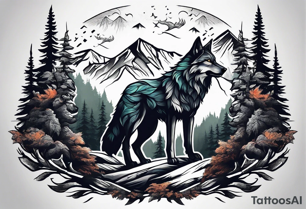 Forest and mountains in wolf body tattoo idea