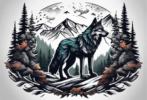 Forest and mountains in wolf body tattoo idea