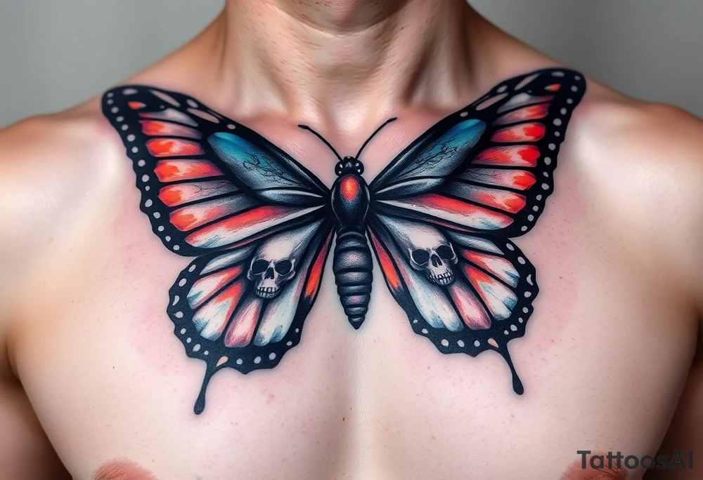 powerful majestic and dark monarch butterfly with skull detail as the body hidden skulls in wings, skull detail making the body of the butterfly with a horror style effect, including blue, red and white colouring
placement on chest at collarbone tattoo idea