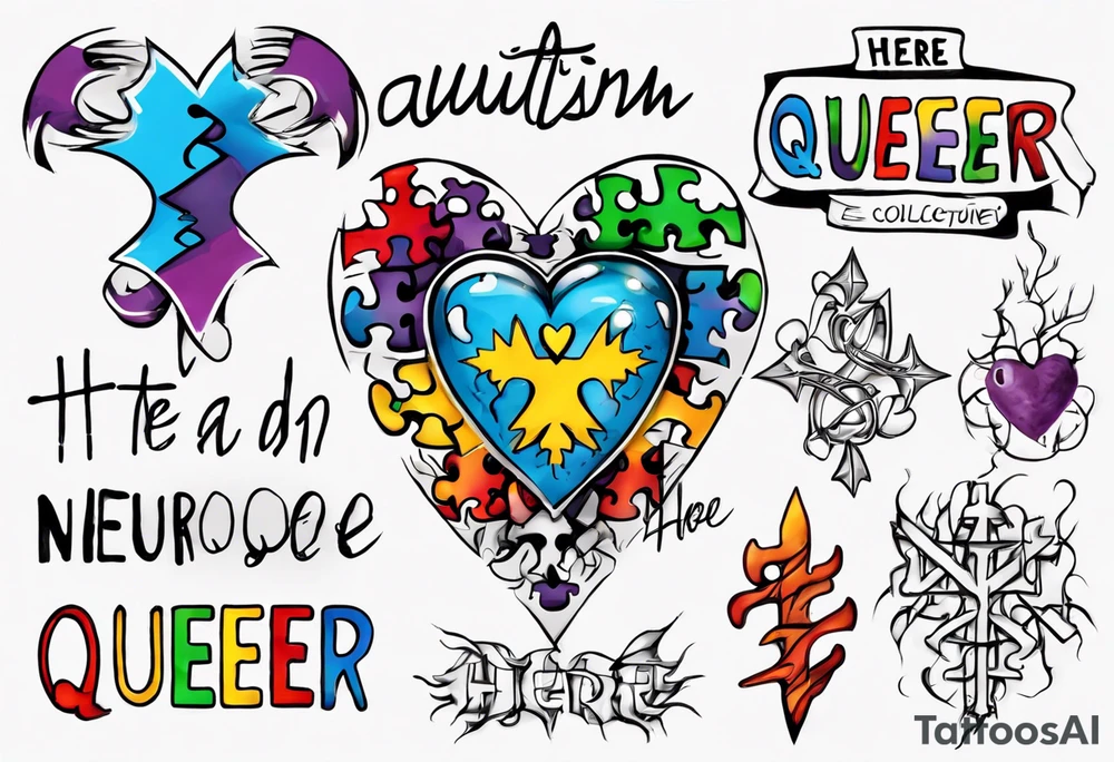 autism symbol with the words 
Here and Neuroqueer tattoo idea