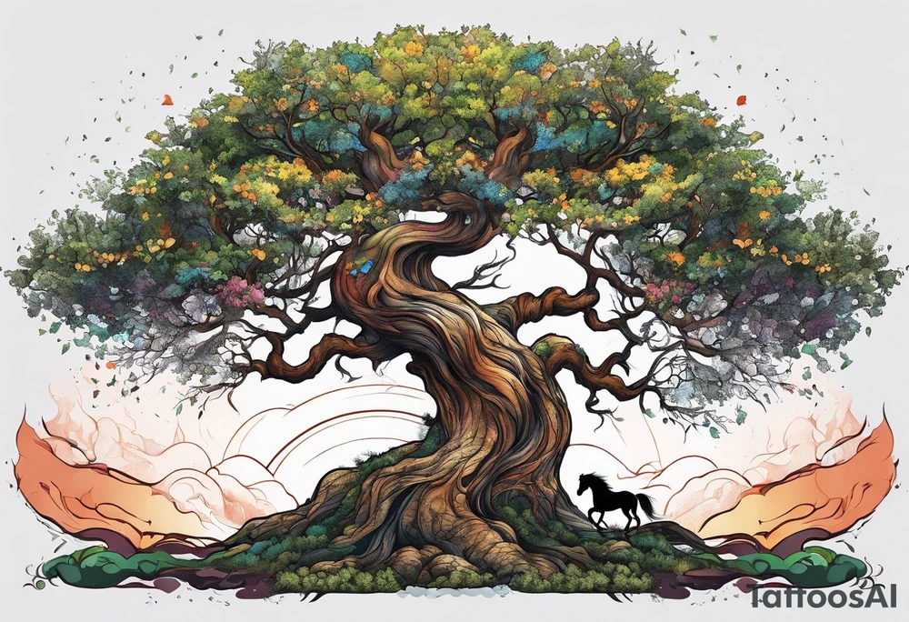 Realistic Horse and Yggdrasil tree tattoo idea