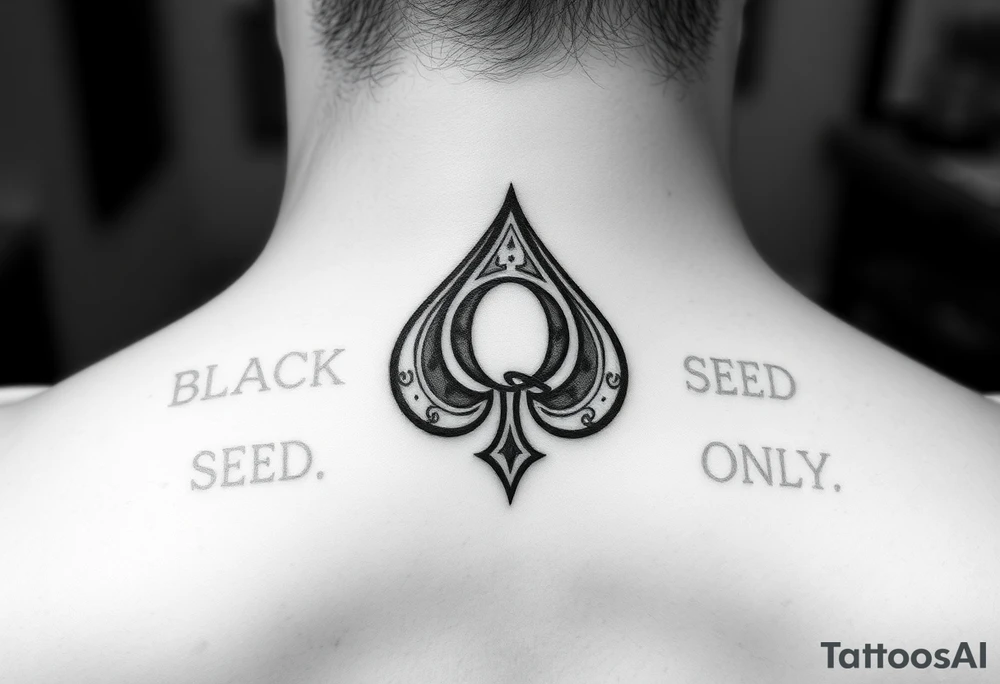 A spade womb tattoo with a Q in the center, with three points around the outside. The first reading, "BLACK". The second reading, "SEED". The third reading, "ONLY". tattoo idea