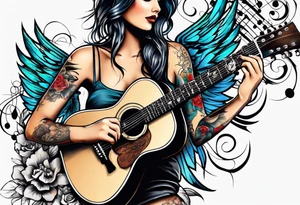 Microphone and musical notes and guitar and wings and female tattoo idea