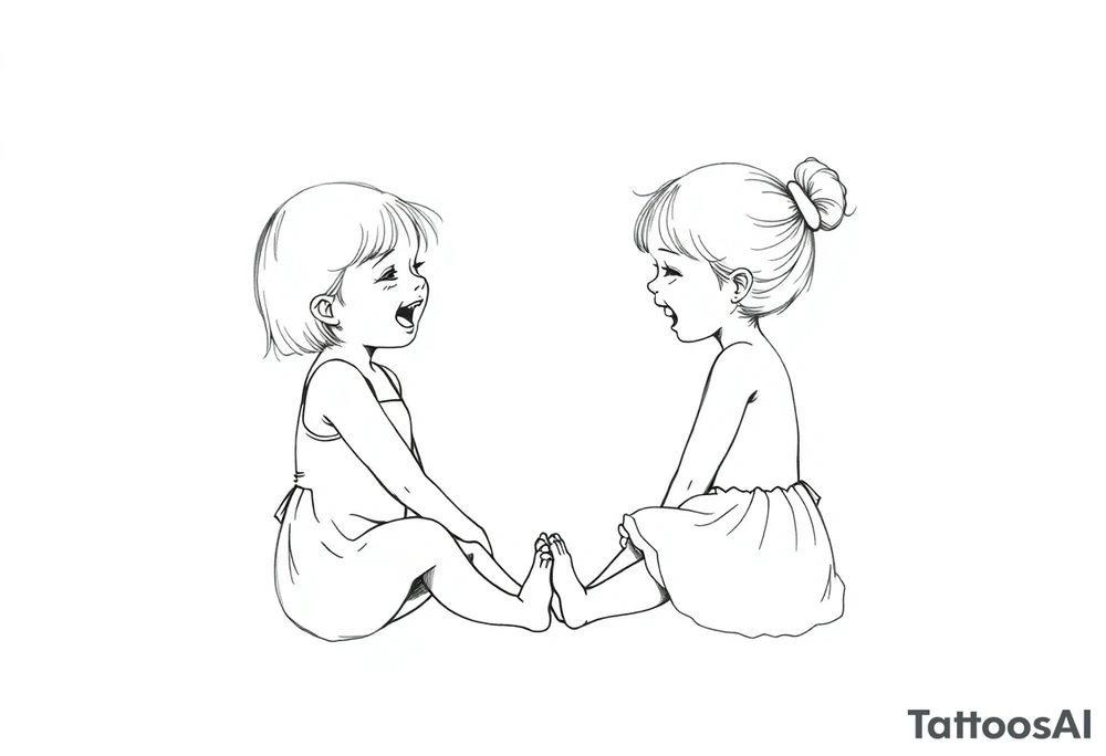 Zwei lachende kleine mädchen sitzen sich gegenüber eine hat einen Dutt die andere einen Zopf und sie berühren sich an den Fußsohlen seitenansicht tattoo idea
