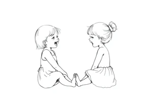 Zwei lachende kleine mädchen sitzen sich gegenüber eine hat einen Dutt die andere einen Zopf und sie berühren sich an den Fußsohlen seitenansicht tattoo idea