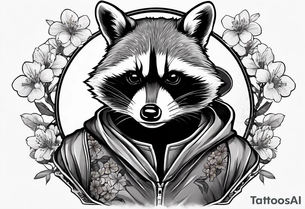 raccoon wearing a Superman hoodie with black and white logo and orange Japanese cherry blossoms tattoo idea
