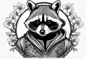 raccoon wearing a Superman hoodie with black and white logo and orange Japanese cherry blossoms tattoo idea