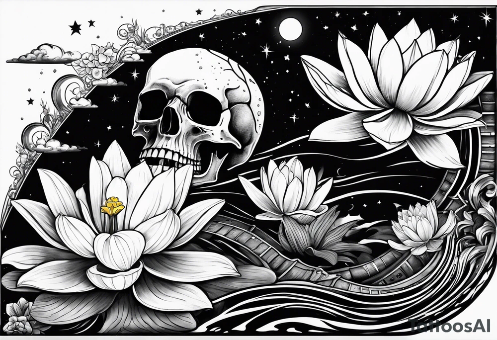 skull, water lily, daffodil, space and stars, roller coaster track tattoo idea