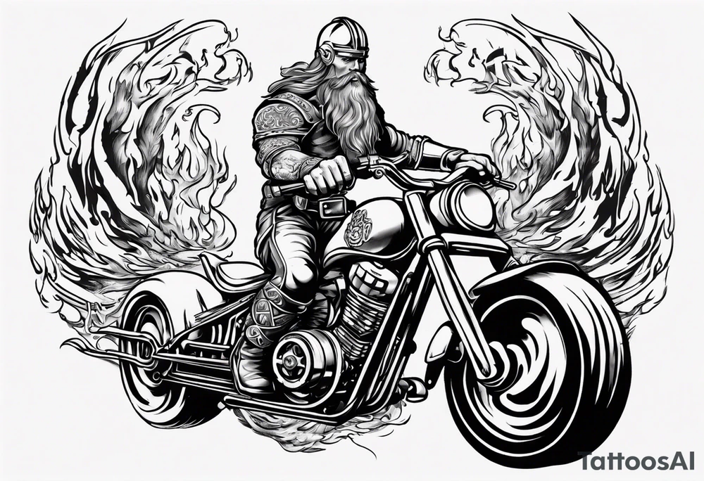 I want a detailed tattoo of a viking riding a motorcycle surrounded by flames with the company name “Viking Customs” incorporated in the design tattoo idea