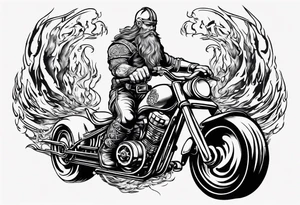 I want a detailed tattoo of a viking riding a motorcycle surrounded by flames with the company name “Viking Customs” incorporated in the design tattoo idea