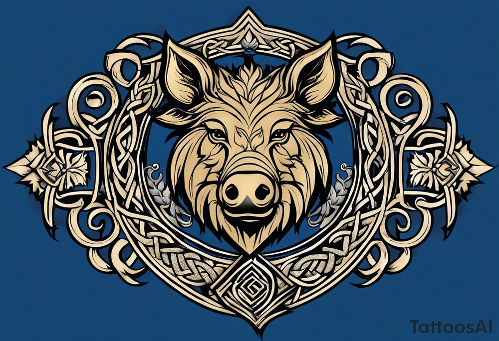 A classic tribal Celtic boar Integrated with a Chatwin, family crest and a Thistle. Simple with few lines. Blue and gold Chevron Chatwin family crest tattoo idea