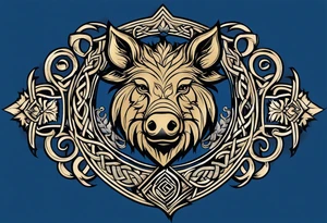 A classic tribal Celtic boar Integrated with a Chatwin, family crest and a Thistle. Simple with few lines. Blue and gold Chevron Chatwin family crest tattoo idea