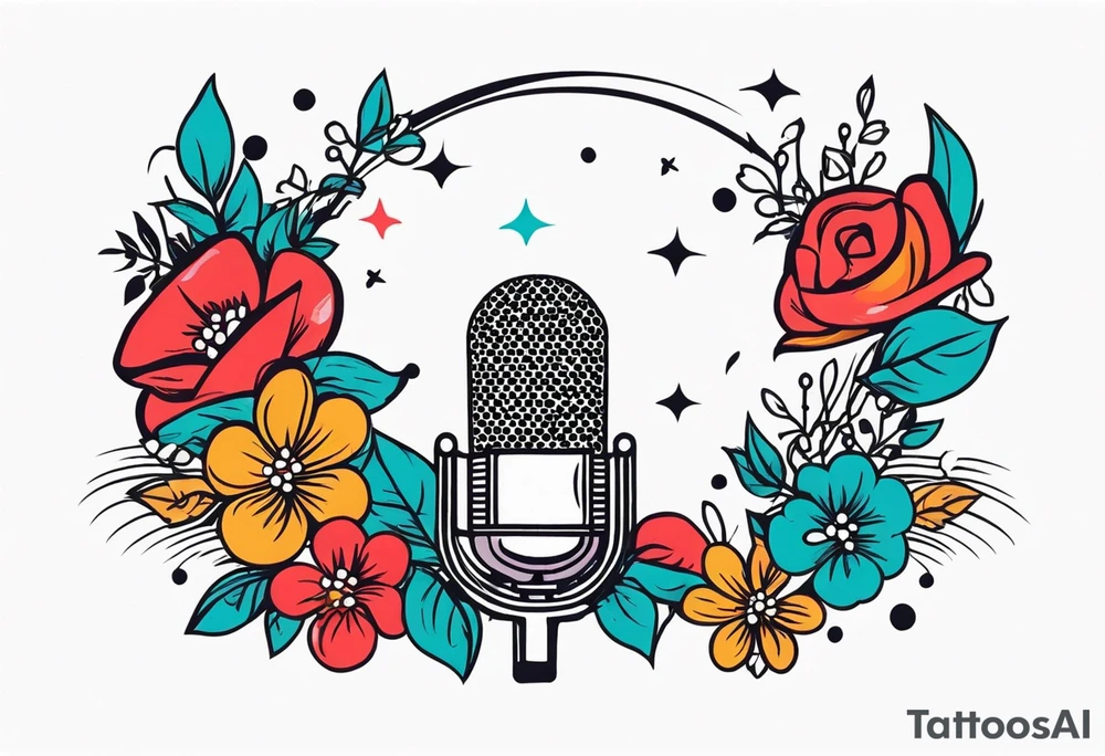 lips singing old school vintage traditional
flowers around and mouth next to microphone
bold and colorful simple design dots and simple flowers sketch tattoo idea