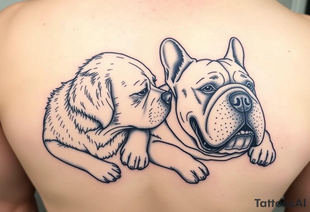 a golden retriever and an English bulldog, lying besides each other, head to head, foreheads touching, side view tattoo idea