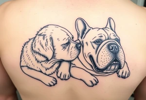 a golden retriever and an English bulldog, lying besides each other, head to head, foreheads touching, side view tattoo idea