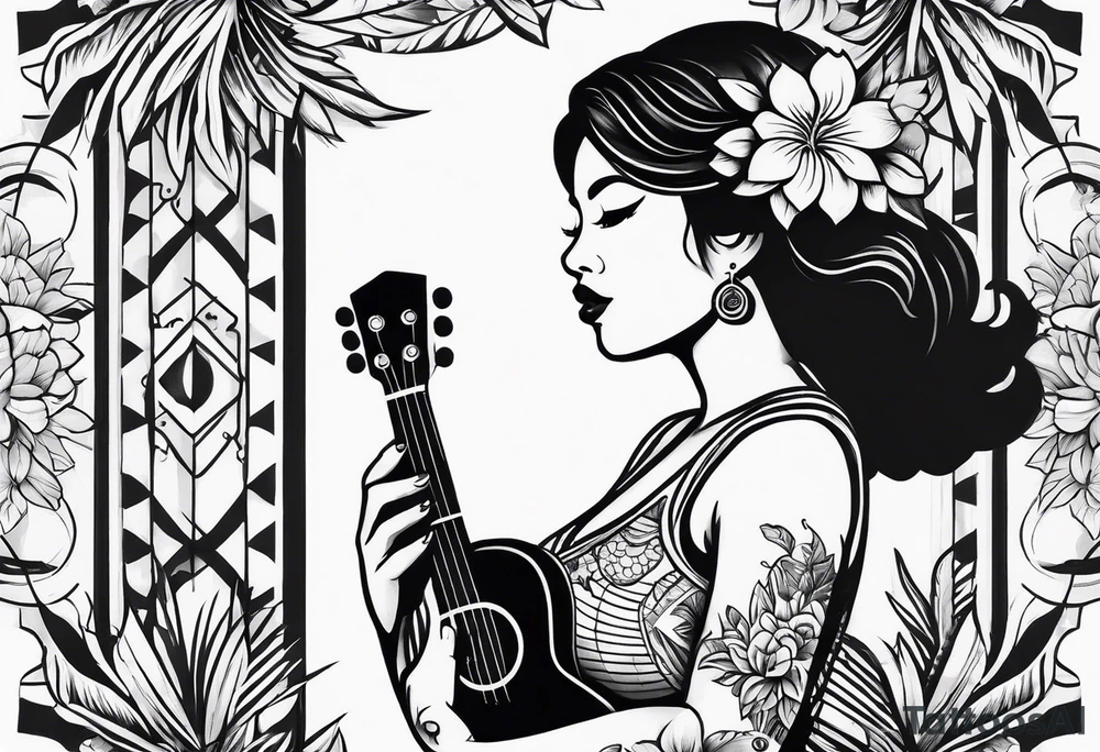 body of hula girl squating and dance with ukulele tattoo idea