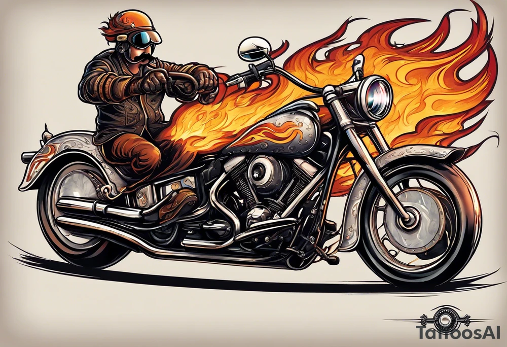 A single eyeball with arms & legs & a mustache riding a motorcycle with flames coming out the pipes. The rider should be face on and there should be a desert scene in the background tattoo idea