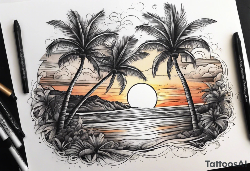 Sunset on beach palm trees tattoo idea