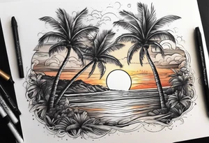 Sunset on beach palm trees tattoo idea