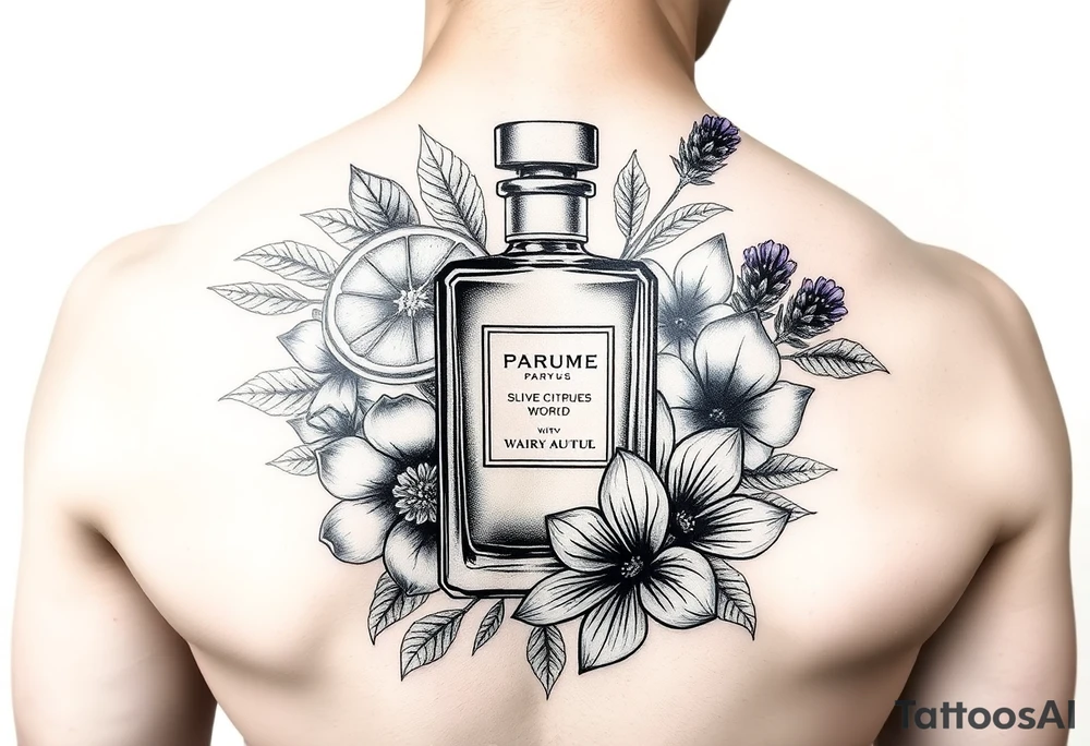 Modern perfume bottle surronded by slived citruses, woods, water and violet flowers tattoo idea