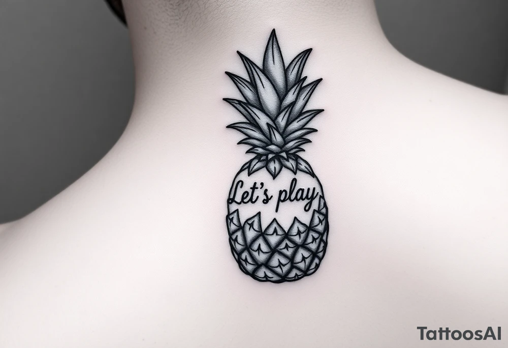 A black ink wrist tattoo featuring a realistic yet minimalistic pineapple. The pineapple is finely detailed with clean, precise lines, capturing the natural texture of the fruit while keeping the design subtle and uncluttered. Inside the body of the pineapple, the phrase "Let's play" is clearly placed in a bold but not overly thick font, ensuring readability while maintaining balance with the overall design. The leaves of the pineapple have a fine-line style with slight variations in thickness for a natural feel. The tattoo blends fine details with subtle bold elements, creating a clean and modern aesthetic. tattoo idea