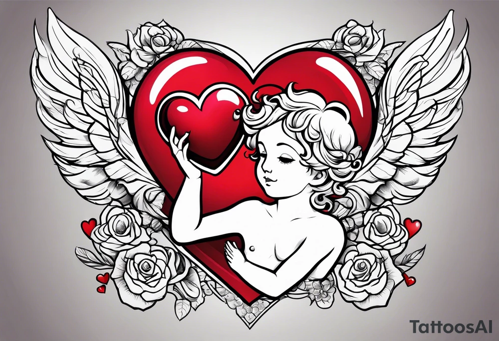 a cherub a heart and the word love tattoo idea