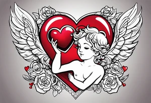 a cherub a heart and the word love tattoo idea