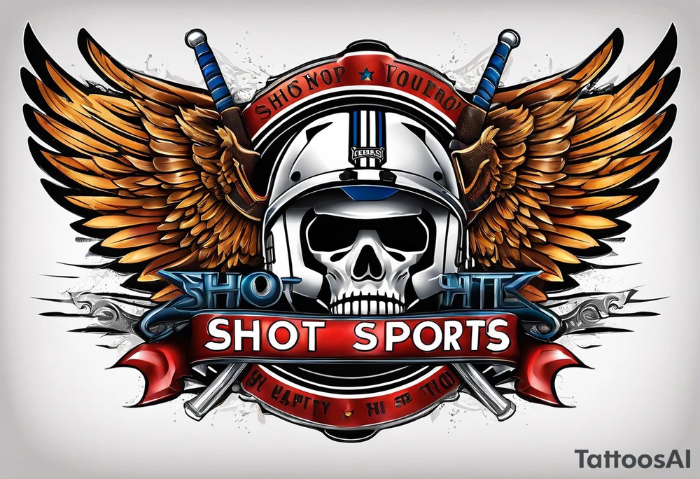crossed hockey sticks with sports equipment and wings that says "SHOT SPORTS" tattoo idea