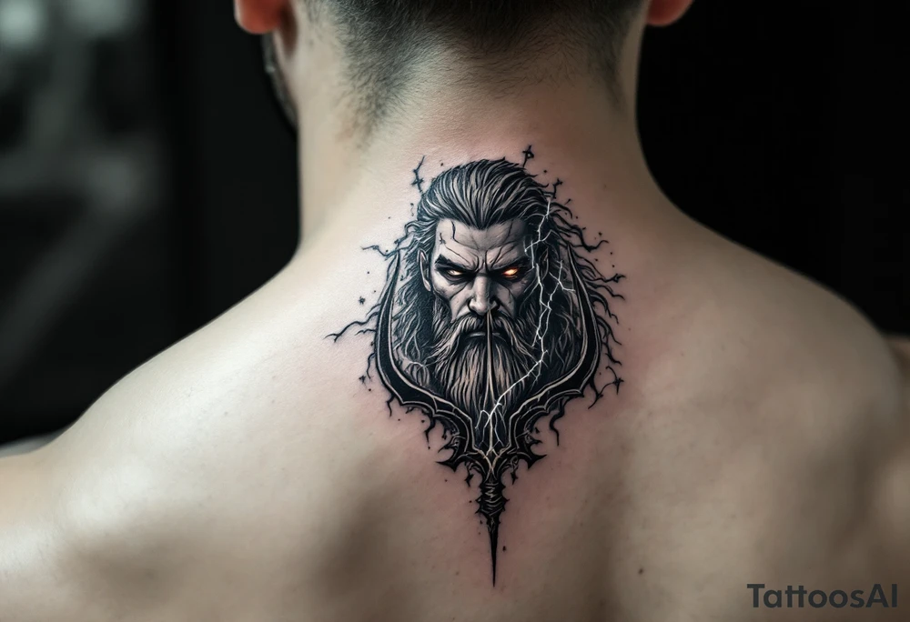 fit poseidon, behind a trident, with lightning tattoo idea