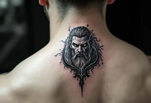 fit poseidon, behind a trident, with lightning tattoo idea