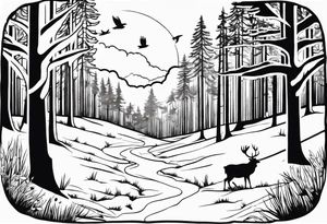 forrest scene with turkey tracks and deer antlers along the trees tattoo idea