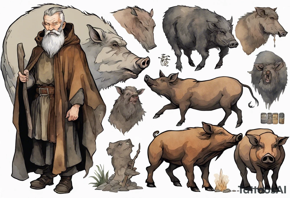 a 55-year-old medieval Bavarian man with a grey beard and broad shoulders wearing a brown and black cloak standing next to a boar in front of a cave tattoo idea