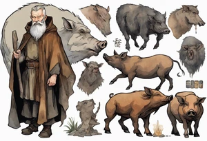 a 55-year-old medieval Bavarian man with a grey beard and broad shoulders wearing a brown and black cloak standing next to a boar in front of a cave tattoo idea