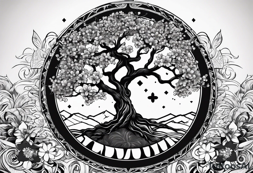 yggdrasil, five or six cherry tree flower on the upper left, the logo of tommorowland, and on the background a geometrical shape tattoo idea