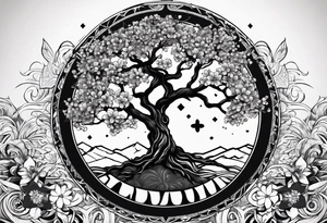 yggdrasil, five or six cherry tree flower on the upper left, the logo of tommorowland, and on the background a geometrical shape tattoo idea