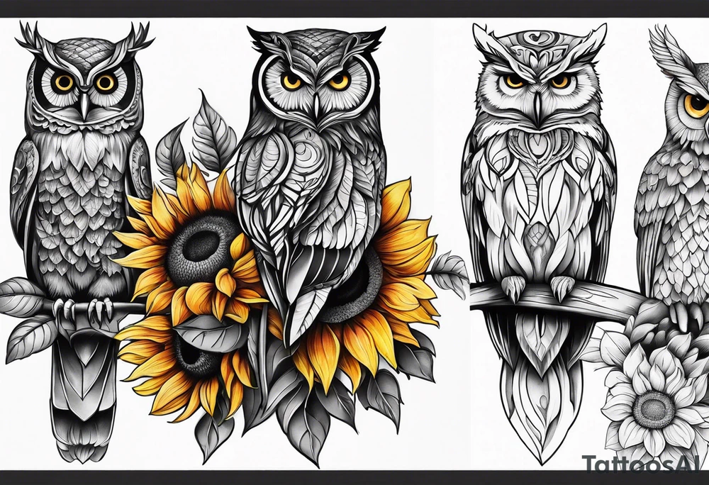 Leg sleeve with colorful sunflowers and an owl tattoo idea