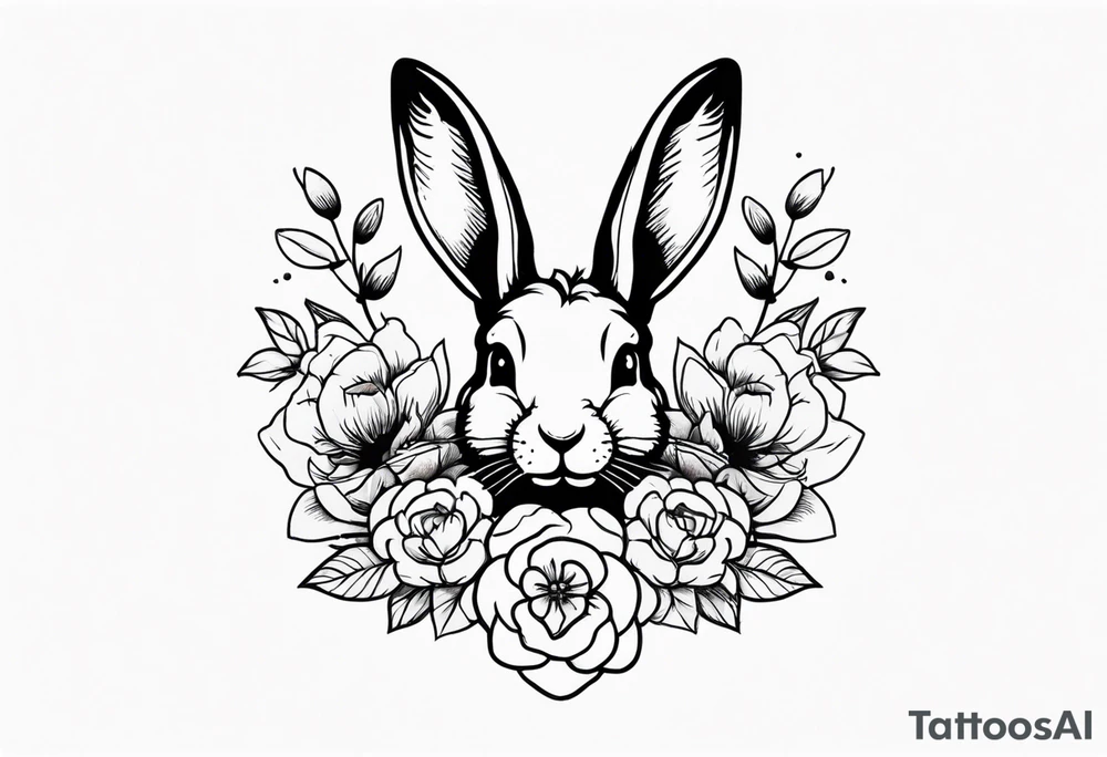 Realistic rabbit head and flowers tattoo idea