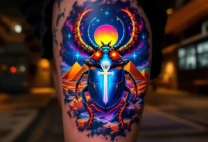 A glowing scarab beetle carrying an Ankh, set against a backdrop of golden pyramids under a twilight sky. tattoo idea