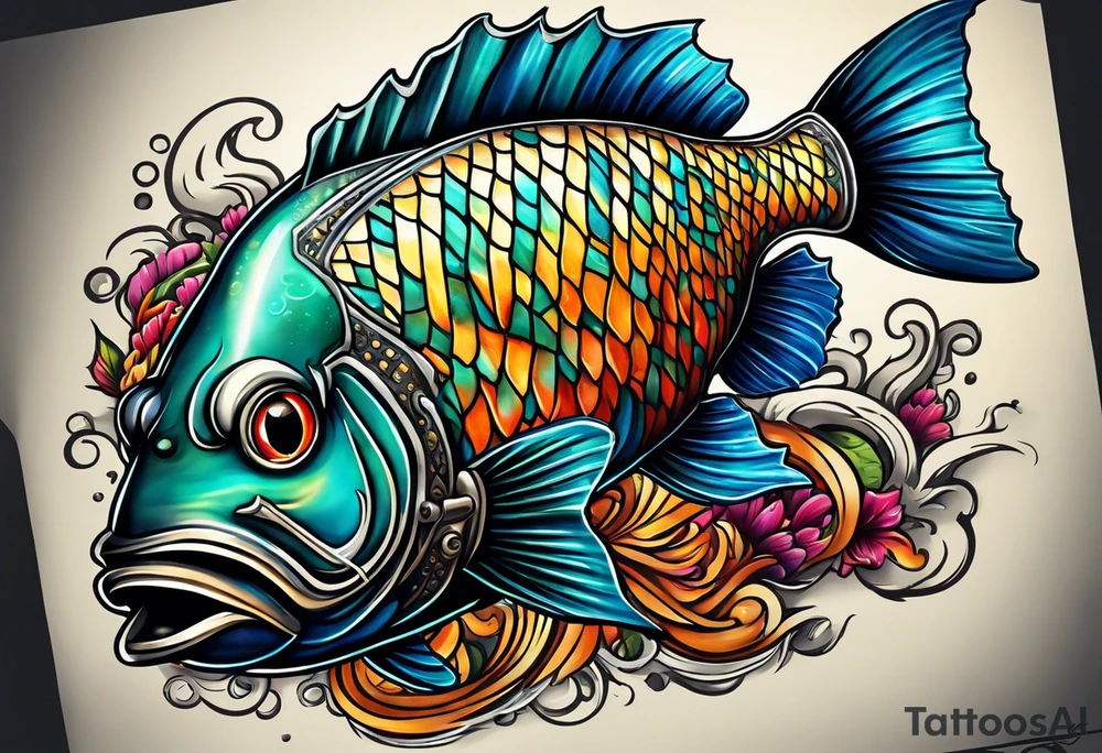 "A large fish riding on top of tank treads, highly detailed and realistic, with vibrant colors and a mechanical background." tattoo idea