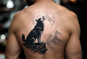 Husky Howling at Moon – Silhouette of a howling husky in dark gray ink, standing on a cliff with a full moon behind in pale off-white and gray shades. tattoo idea