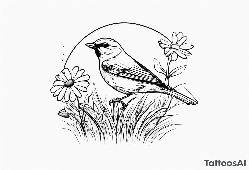 Little bird out perched on grass and daisys tattoo idea