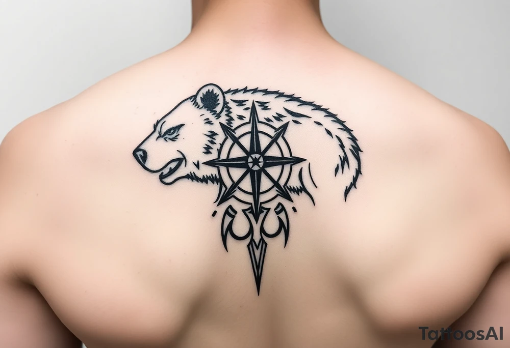 Nordic Viking themed bear on shoulder Vegvisir symbol tribal elder furthark bicep band tattoo idea