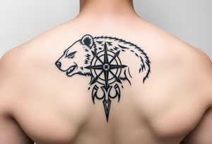 Nordic Viking themed bear on shoulder Vegvisir symbol tribal elder furthark bicep band tattoo idea